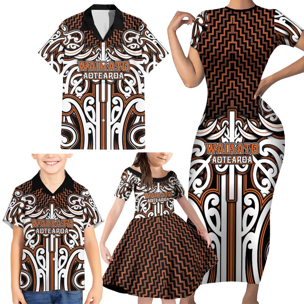 Custom Aotearoa Waikato Family Matching Short Sleeve Bodycon Dress and Hawaiian Shirt Maori Tribal Pattern Mix Poutama LT05 - Polynesian Pride