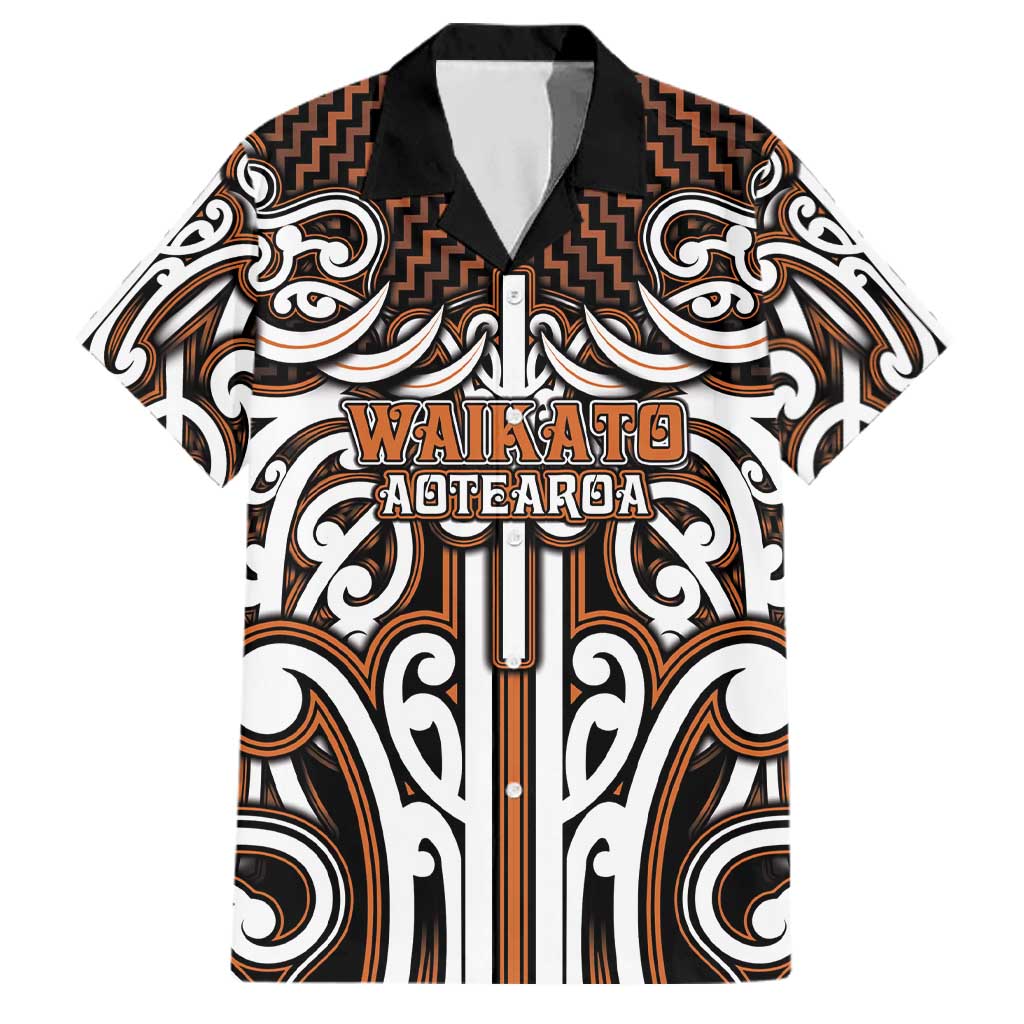 Custom Aotearoa Waikato Family Matching Short Sleeve Bodycon Dress and Hawaiian Shirt Maori Tribal Pattern Mix Poutama LT05 Dad's Shirt - Short Sleeve Orange - Polynesian Pride