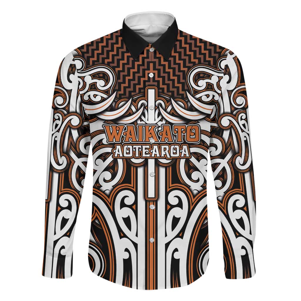 Custom Aotearoa Waikato Family Matching Short Sleeve Bodycon Dress and Hawaiian Shirt Maori Tribal Pattern Mix Poutama LT05 Dad's Shirt - Long Sleeve Orange - Polynesian Pride