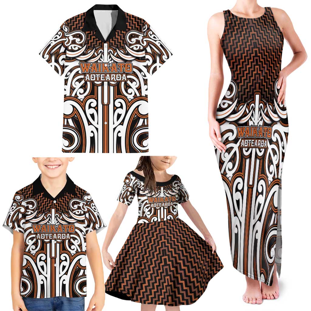 Custom Aotearoa Waikato Family Matching Tank Maxi Dress and Hawaiian Shirt Maori Tribal Pattern Mix Poutama