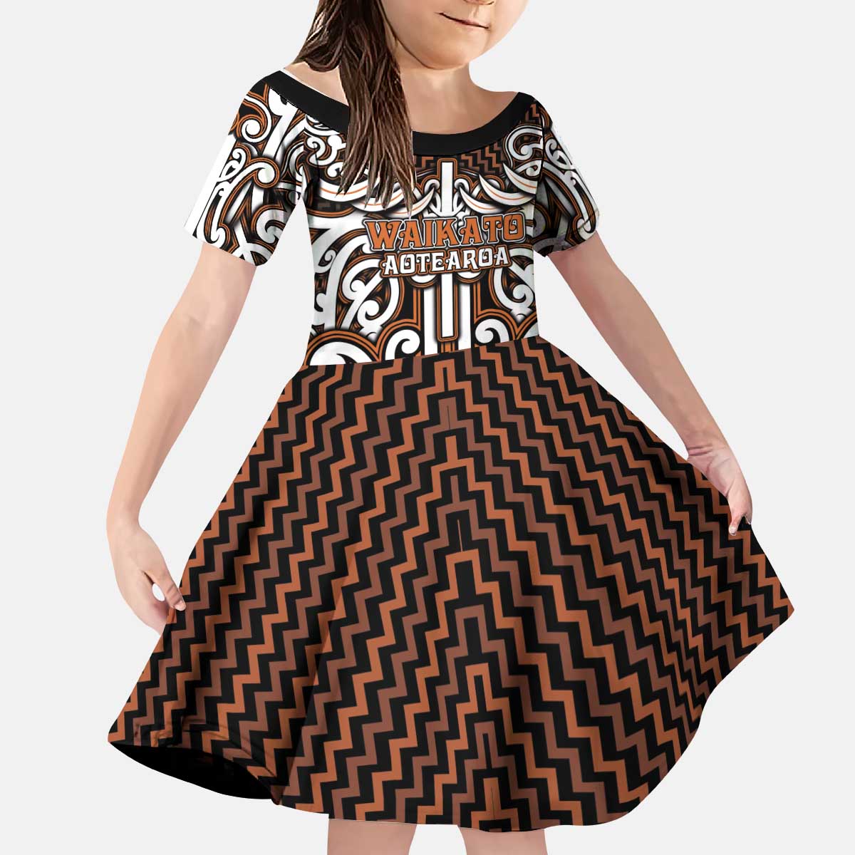 Custom Aotearoa Waikato Kid Short Sleeve Dress Maori Tribal Pattern Mix Poutama