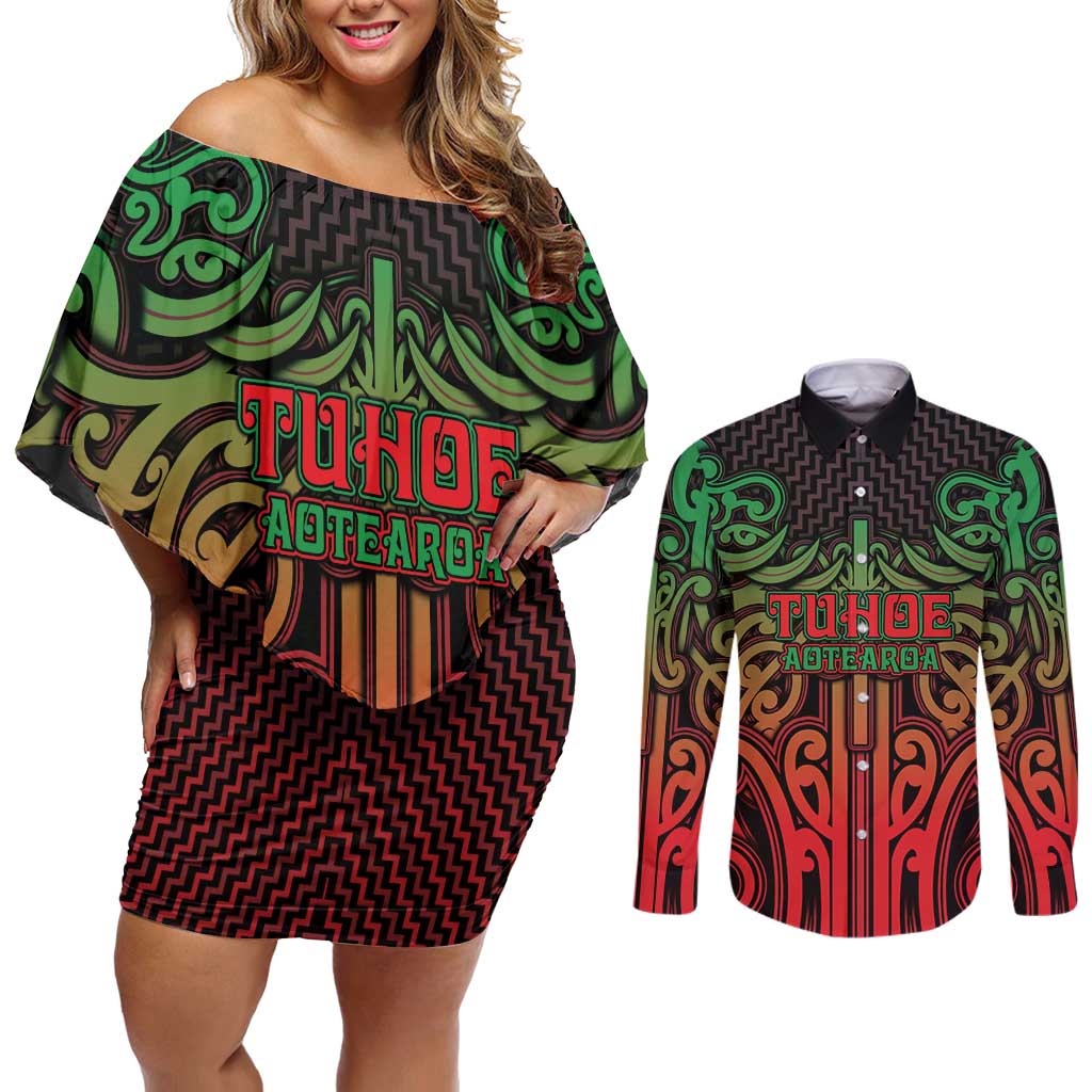 Custom Aotearoa Tuhoe Couples Matching Off Shoulder Short Dress and Long Sleeve Button Shirt Maori Tribal Pattern Mix Poutama