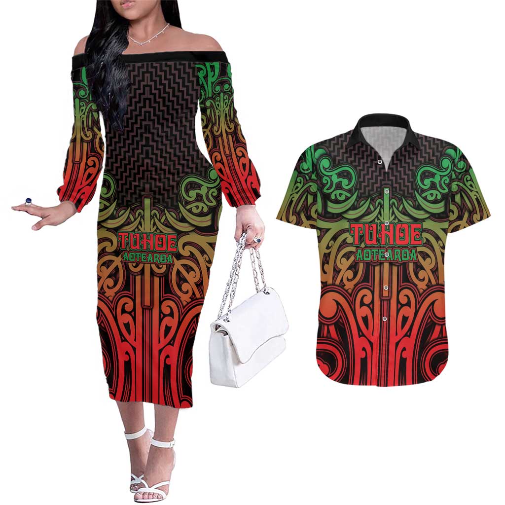 Custom Aotearoa Tuhoe Couples Matching Off The Shoulder Long Sleeve Dress and Hawaiian Shirt Maori Tribal Pattern Mix Poutama LT05 Black - Polynesian Pride