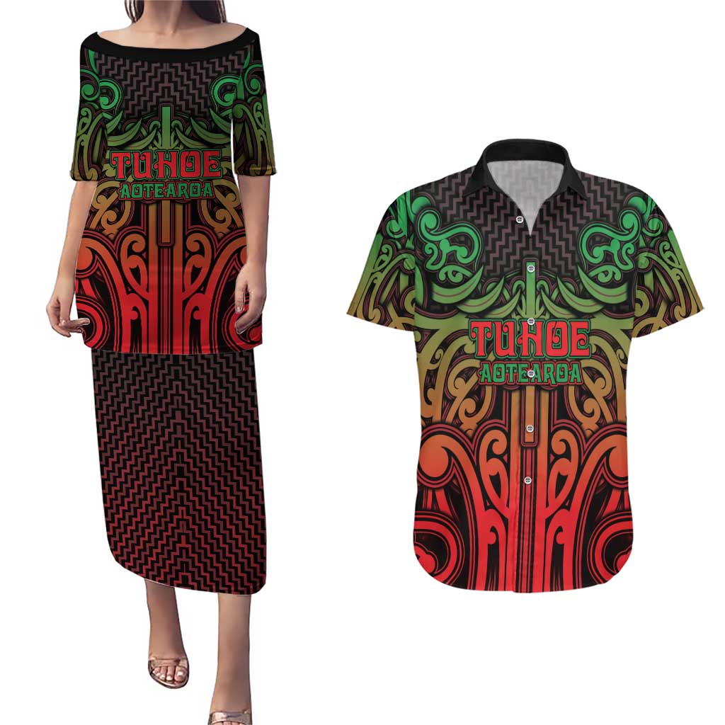 Custom Aotearoa Tuhoe Couples Matching Puletasi and Hawaiian Shirt Maori Tribal Pattern Mix Poutama