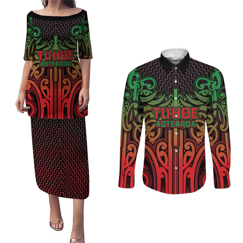 Custom Aotearoa Tuhoe Couples Matching Puletasi and Long Sleeve Button Shirt Maori Tribal Pattern Mix Poutama