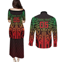 Custom Aotearoa Tuhoe Couples Matching Puletasi and Long Sleeve Button Shirt Maori Tribal Pattern Mix Poutama