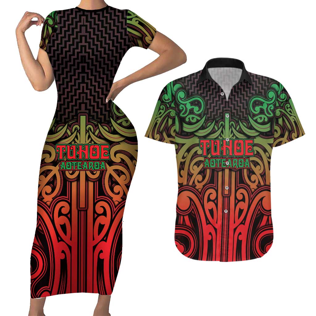Custom Aotearoa Tuhoe Couples Matching Short Sleeve Bodycon Dress and Hawaiian Shirt Maori Tribal Pattern Mix Poutama