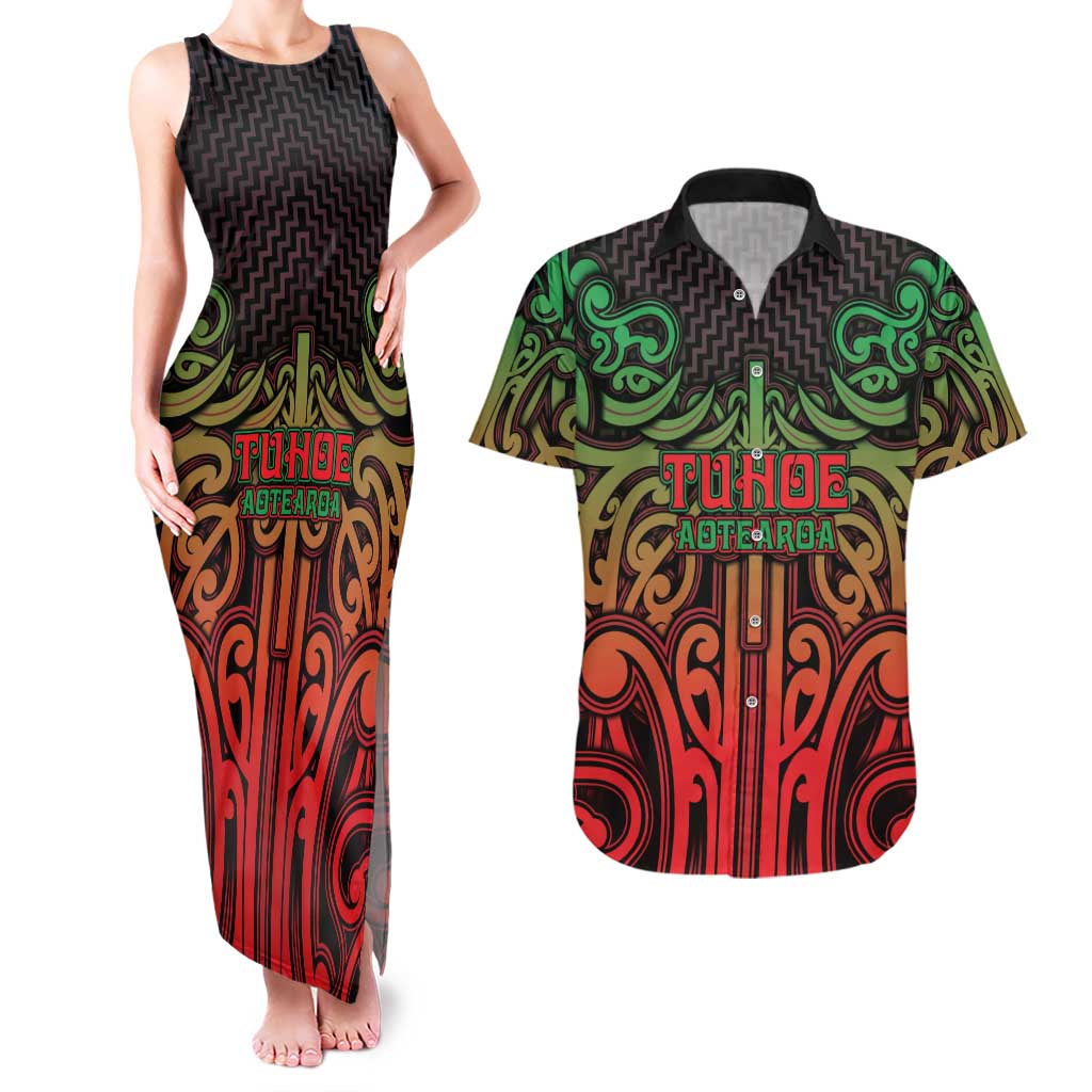 Custom Aotearoa Tuhoe Couples Matching Tank Maxi Dress and Hawaiian Shirt Maori Tribal Pattern Mix Poutama LT05 Black - Polynesian Pride