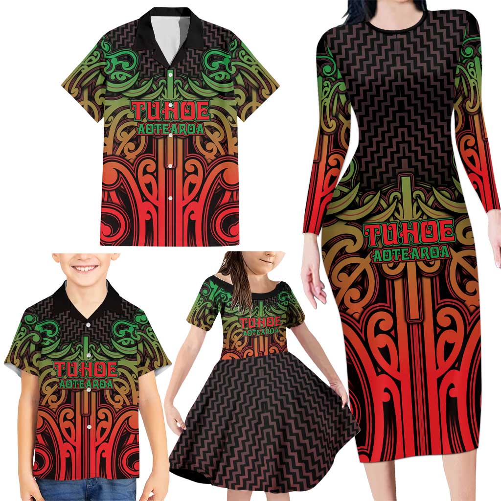 Custom Aotearoa Tuhoe Family Matching Long Sleeve Bodycon Dress and Hawaiian Shirt Maori Tribal Pattern Mix Poutama