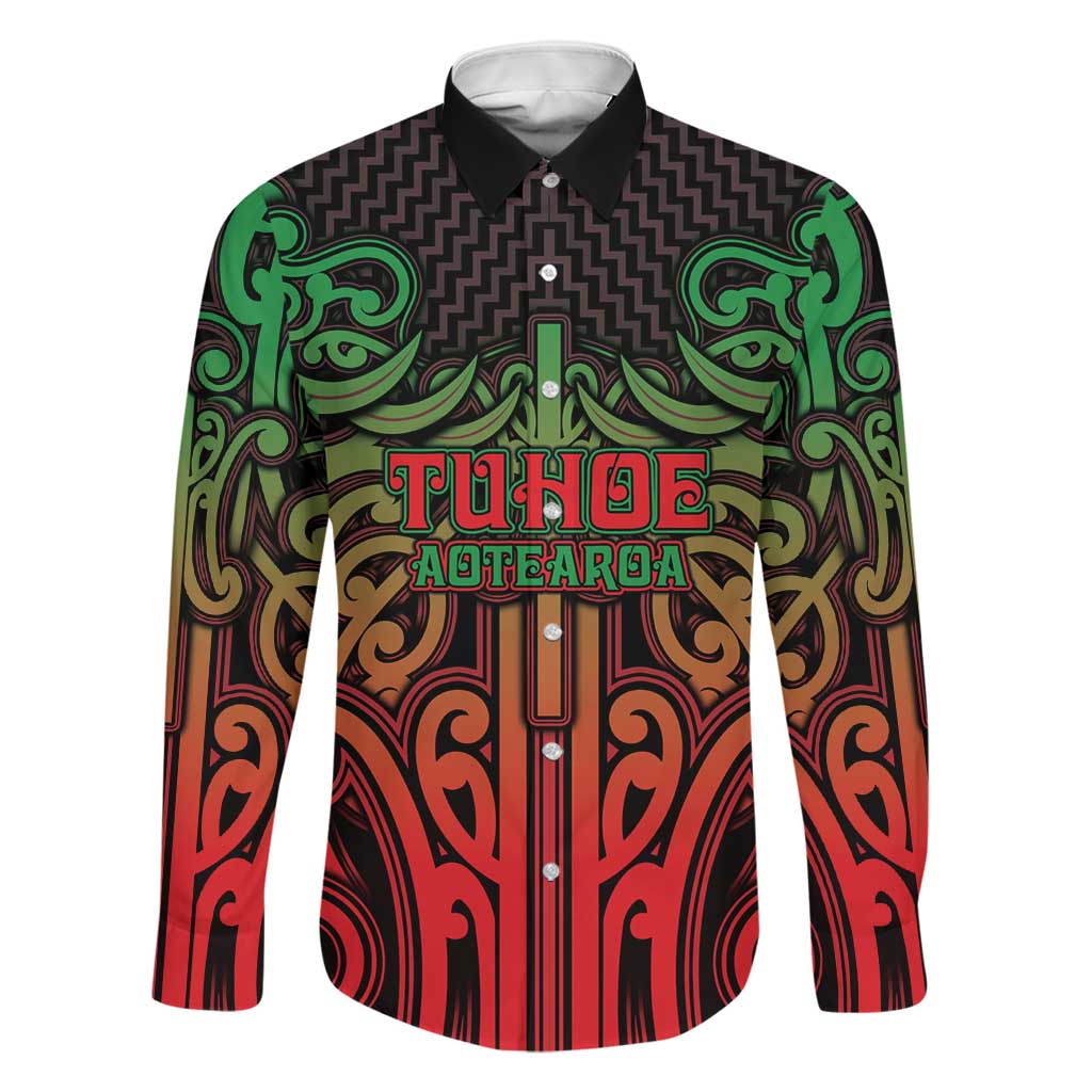 Custom Aotearoa Tuhoe Family Matching Mermaid Dress and Hawaiian Shirt Maori Tribal Pattern Mix Poutama LT05 Dad's Shirt - Long Sleeve Black - Polynesian Pride