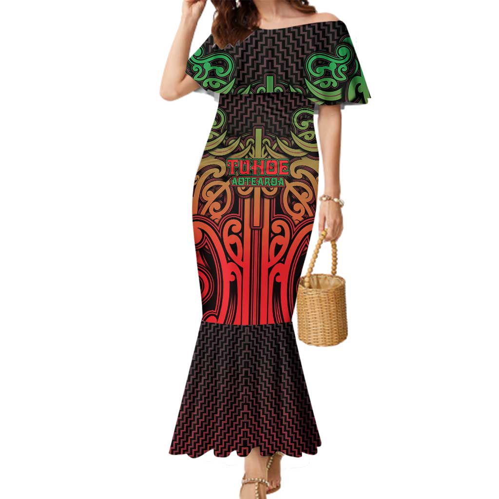 Custom Aotearoa Tuhoe Family Matching Mermaid Dress and Hawaiian Shirt Maori Tribal Pattern Mix Poutama LT05 Mom's Dress Black - Polynesian Pride