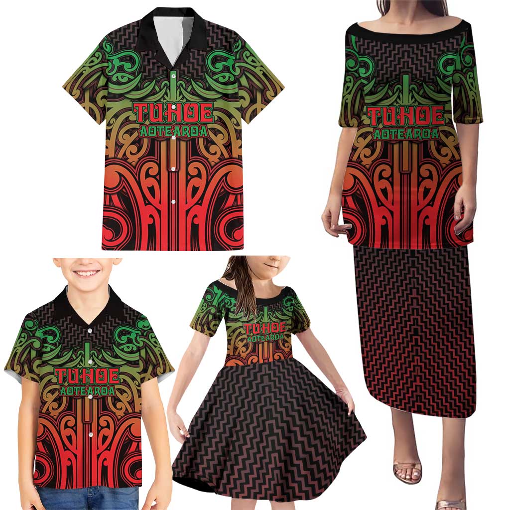 Custom Aotearoa Tuhoe Family Matching Puletasi and Hawaiian Shirt Maori Tribal Pattern Mix Poutama