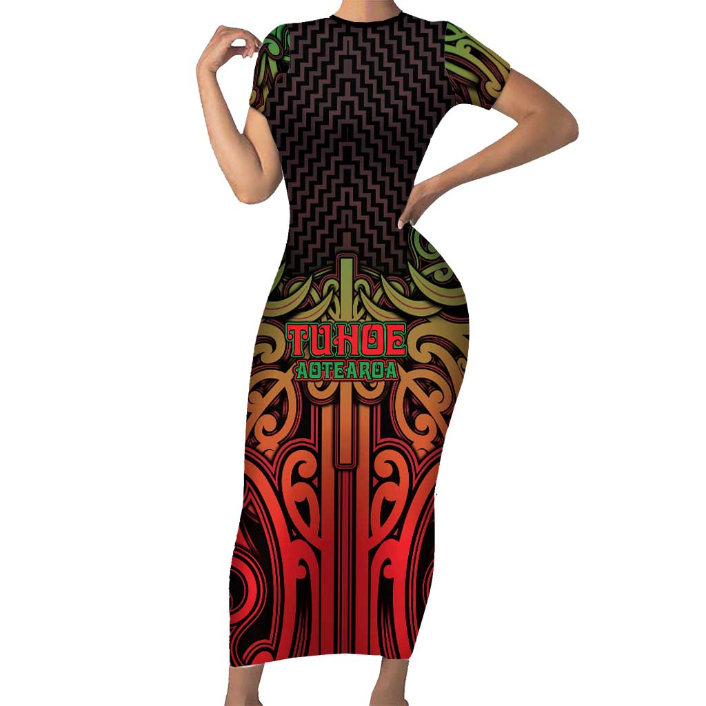 Custom Aotearoa Tuhoe Short Sleeve Bodycon Dress Maori Tribal Pattern Mix Poutama