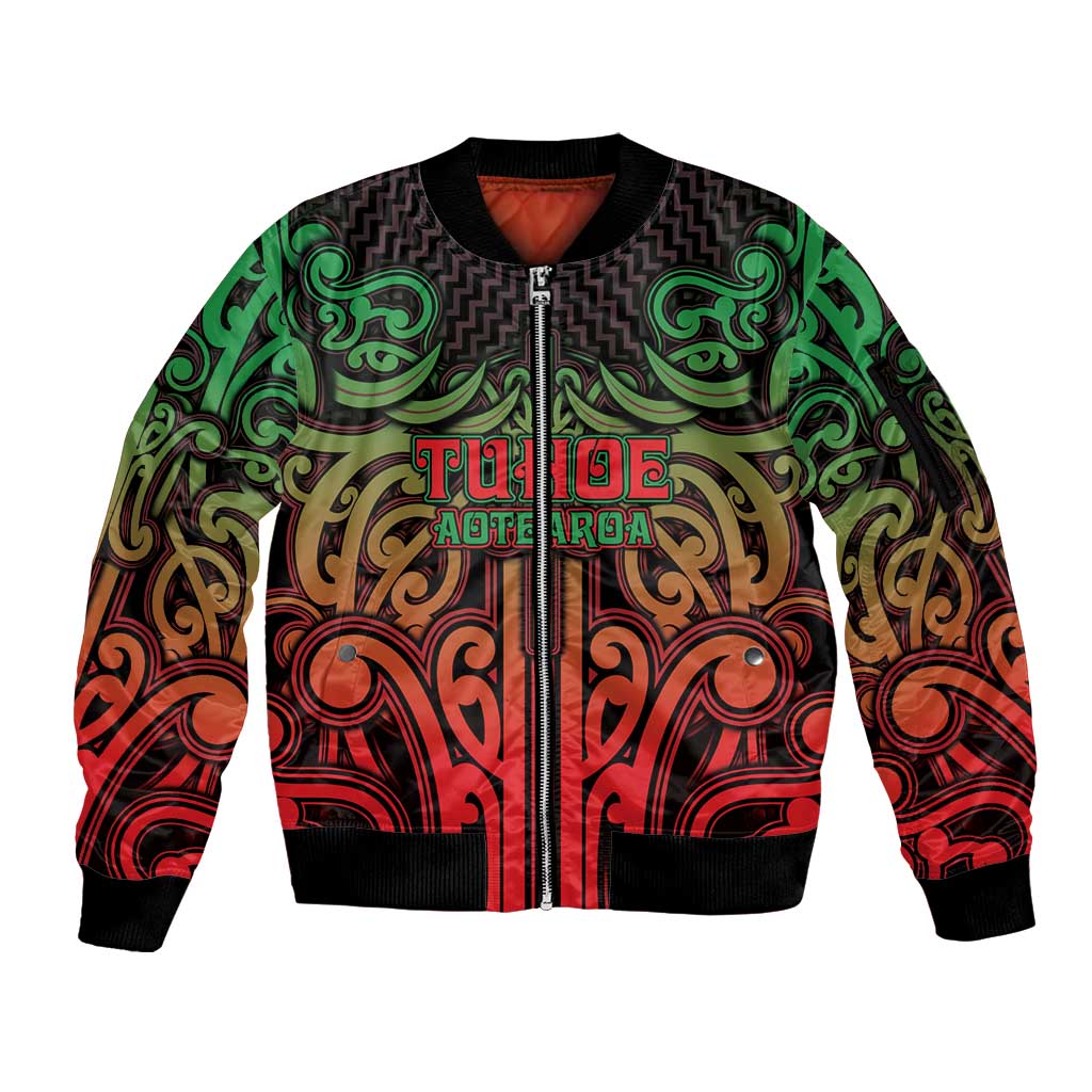 Custom Aotearoa Tuhoe Sleeve Zip Bomber Jacket Maori Tribal Pattern Mix Poutama