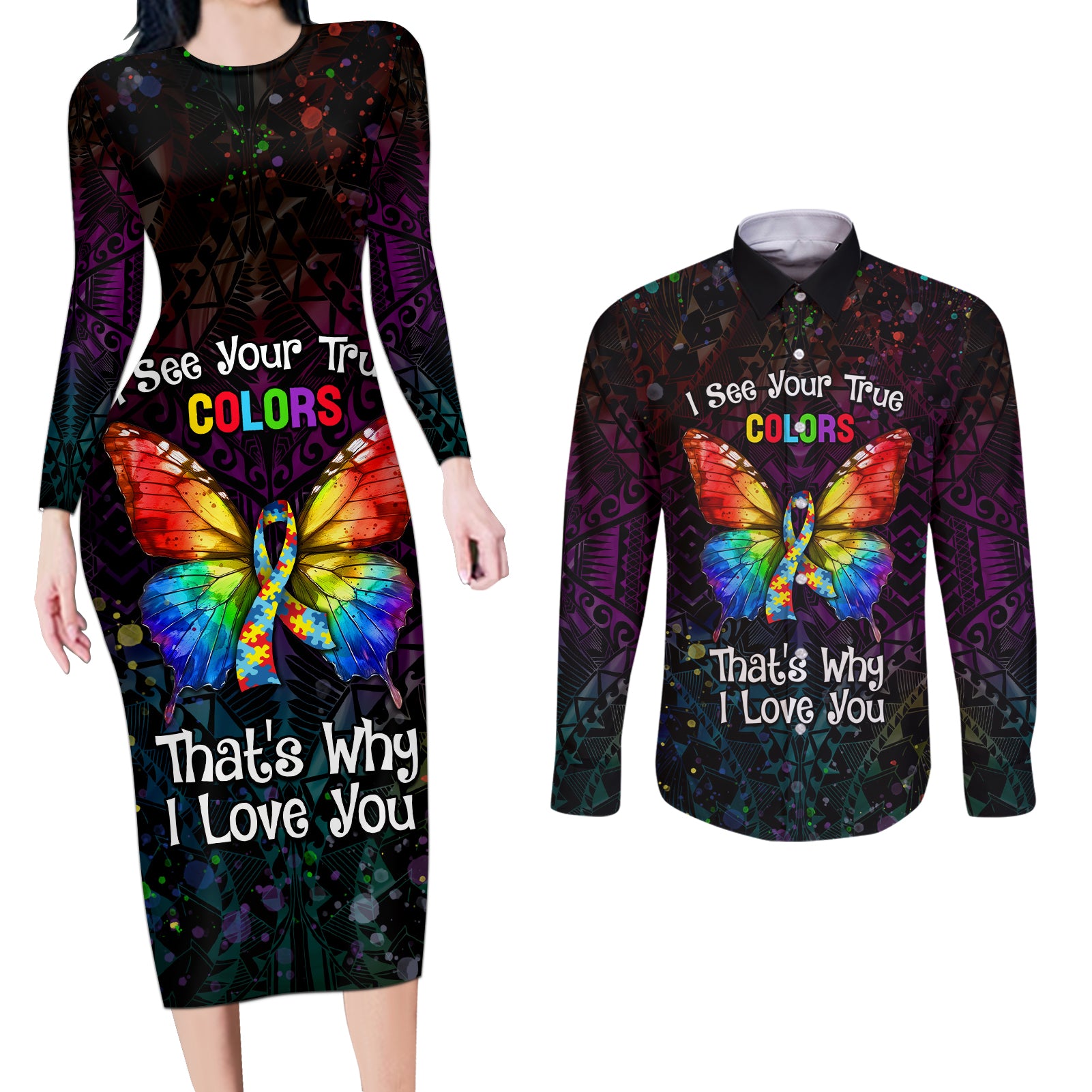 I See Your True Colors Personalised Couples Matching Long Sleeve Bodycon Dress and Long Sleeve Button Shirt Autism Awareness
