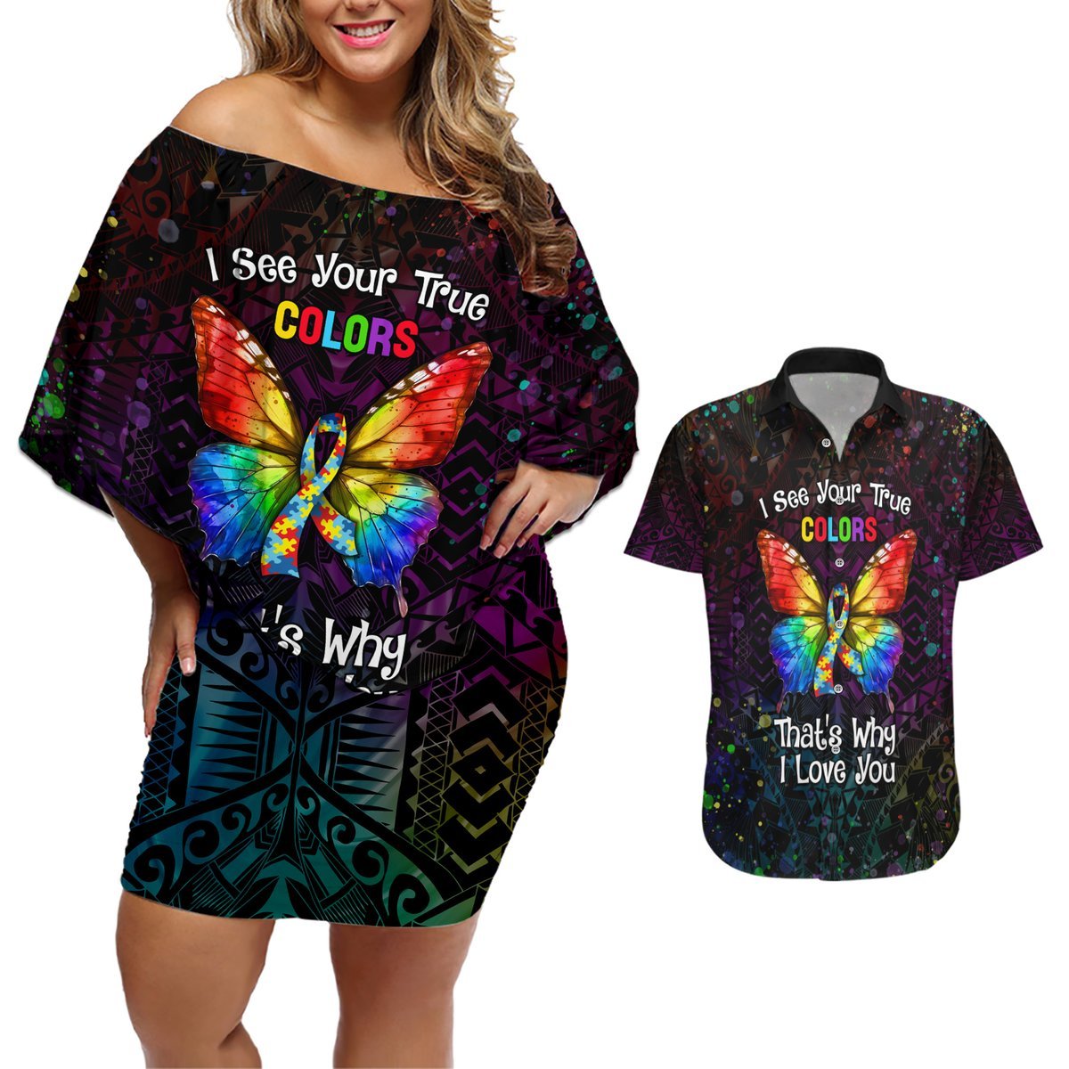 I See Your True Colors Personalised Couples Matching Off Shoulder Short Dress and Hawaiian Shirt Autism Awareness LT05 Black - Polynesian Pride