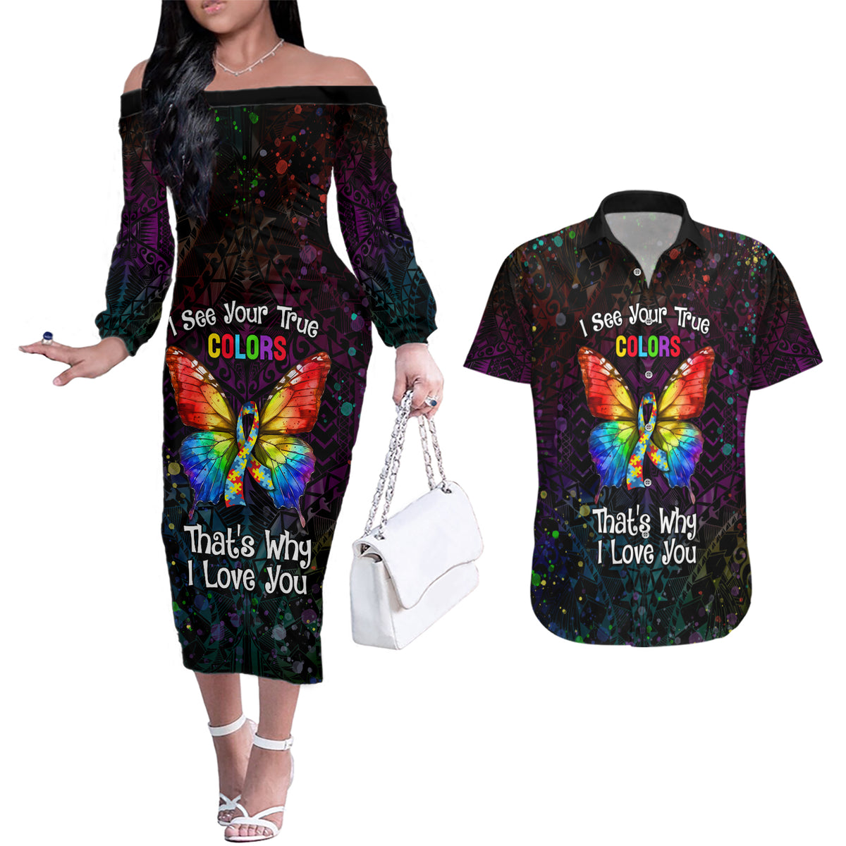 I See Your True Colors Personalised Couples Matching Off The Shoulder Long Sleeve Dress and Hawaiian Shirt Autism Awareness LT05 Black - Polynesian Pride