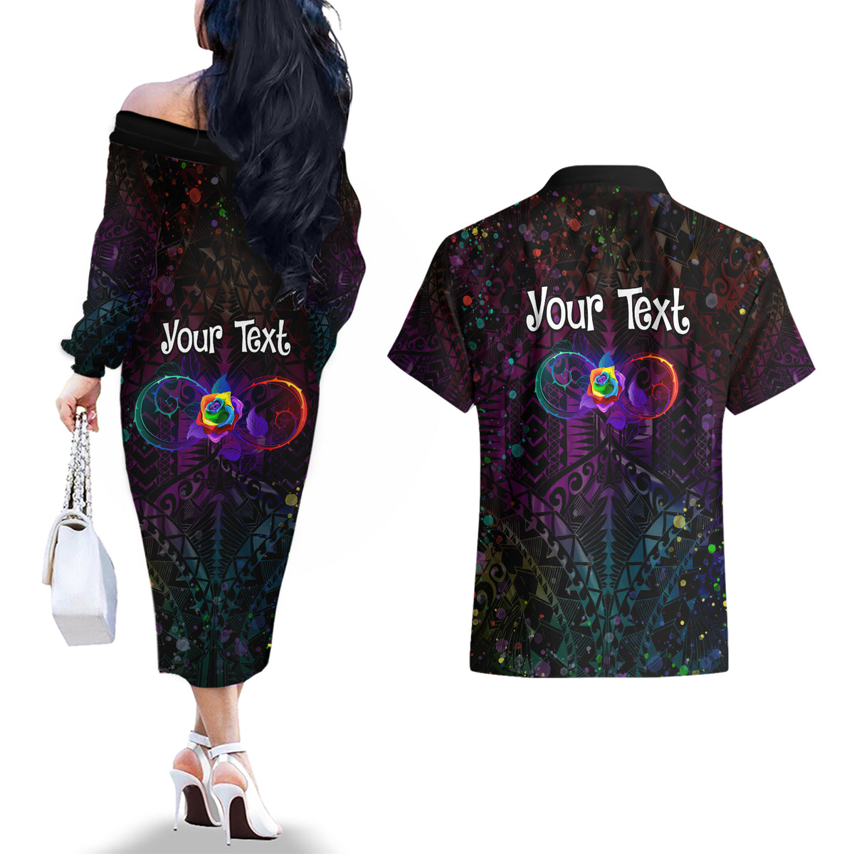 I See Your True Colors Personalised Couples Matching Off The Shoulder Long Sleeve Dress and Hawaiian Shirt Autism Awareness LT05 - Polynesian Pride
