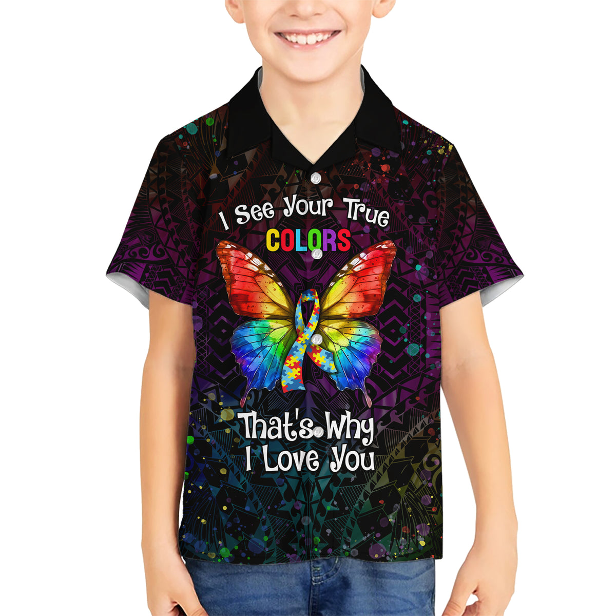 I See Your True Colors Personalised Kid Hawaiian Shirt Autism Awareness LT05 Kid Black - Polynesian Pride