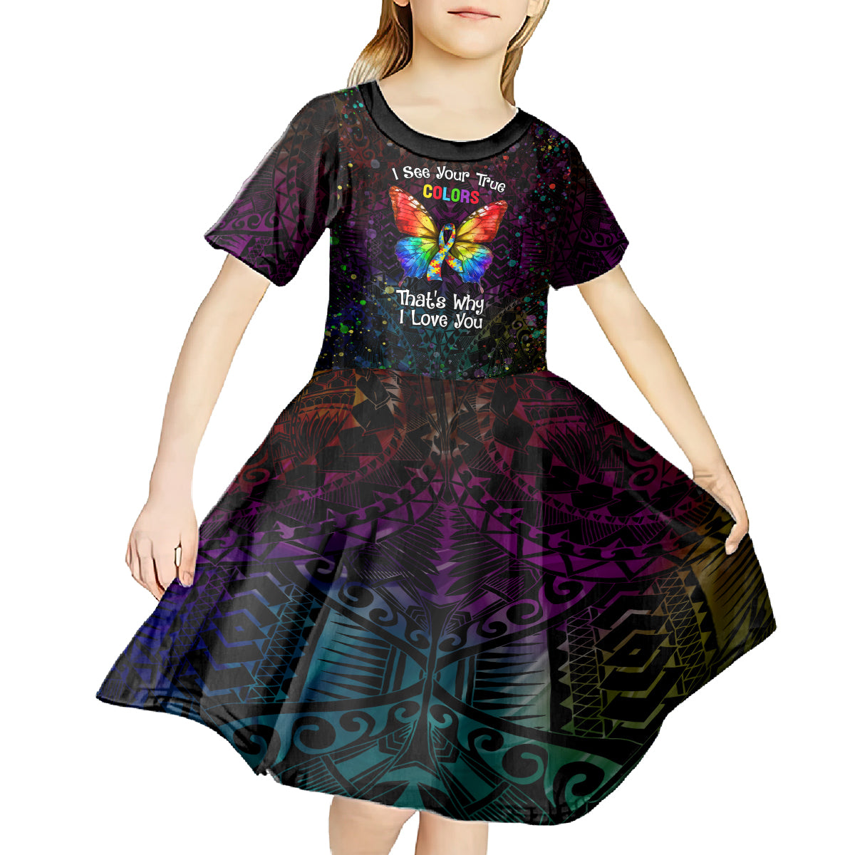 I See Your True Colors Personalised Kid Short Sleeve Dress Autism Awareness LT05 - Polynesian Pride