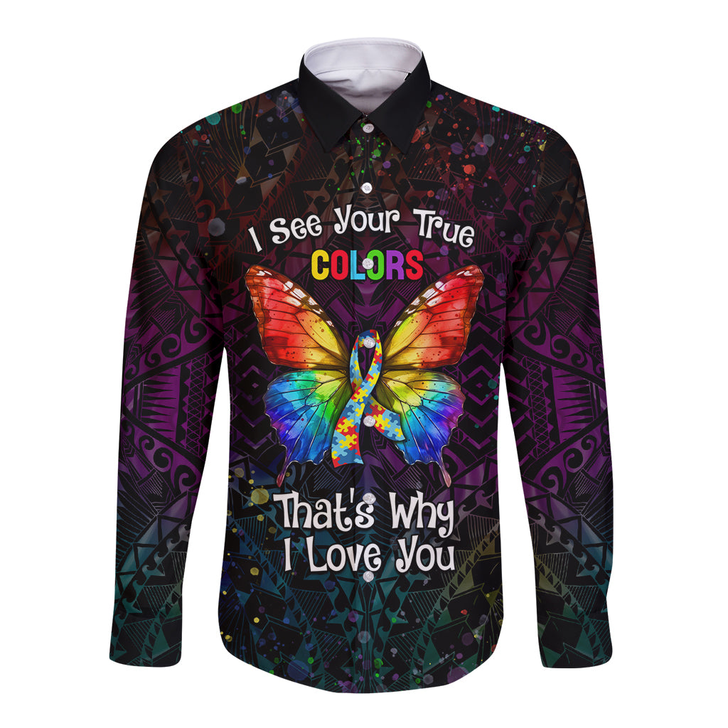 I See Your True Colors Personalised Long Sleeve Button Shirt Autism Awareness LT05 Unisex Black - Polynesian Pride