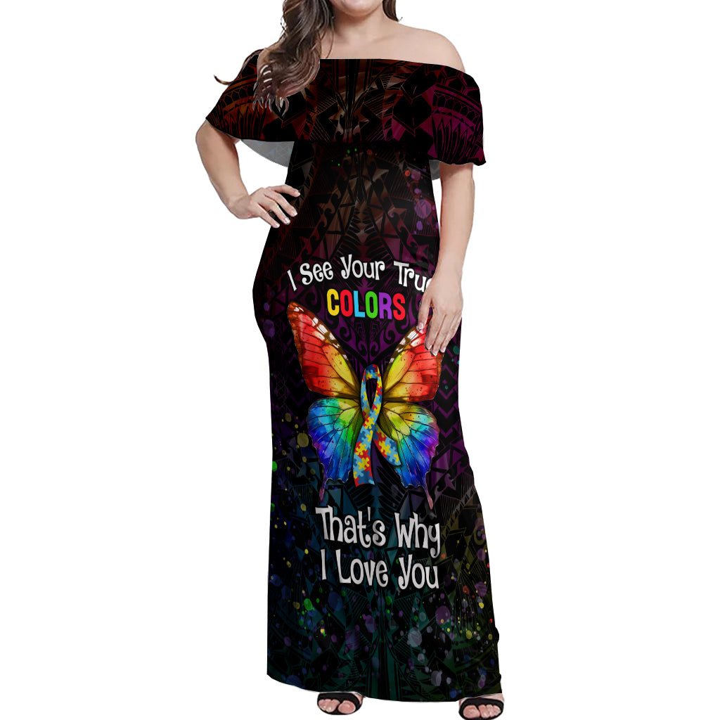 I See Your True Colors Personalised Off Shoulder Maxi Dress Autism Awareness LT05 Women Black - Polynesian Pride
