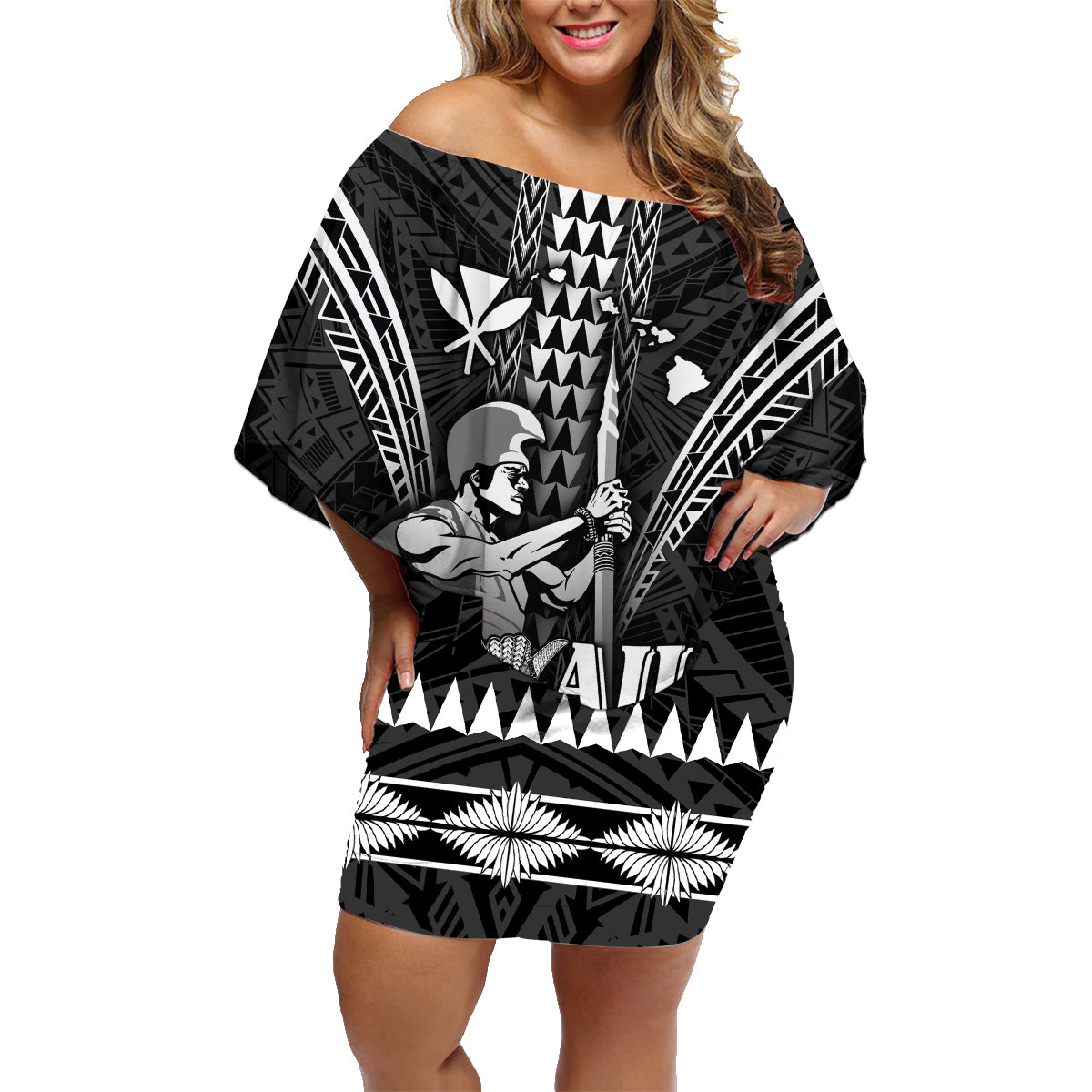 Personalised Hawaii Happy King Kamehameha Day Family Matching Off Shoulder Short Dress and Hawaiian Shirt Kakau Pattern