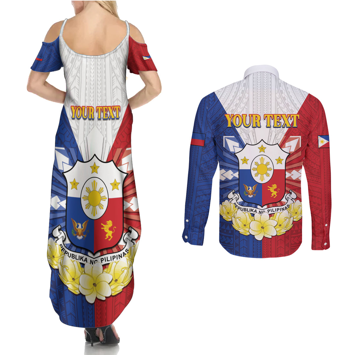 Personalised Philippines Independence Day Couples Matching Summer Maxi Dress and Long Sleeve Button Shirt Maligayang Araw ng Kalayaan Filipino Carabao