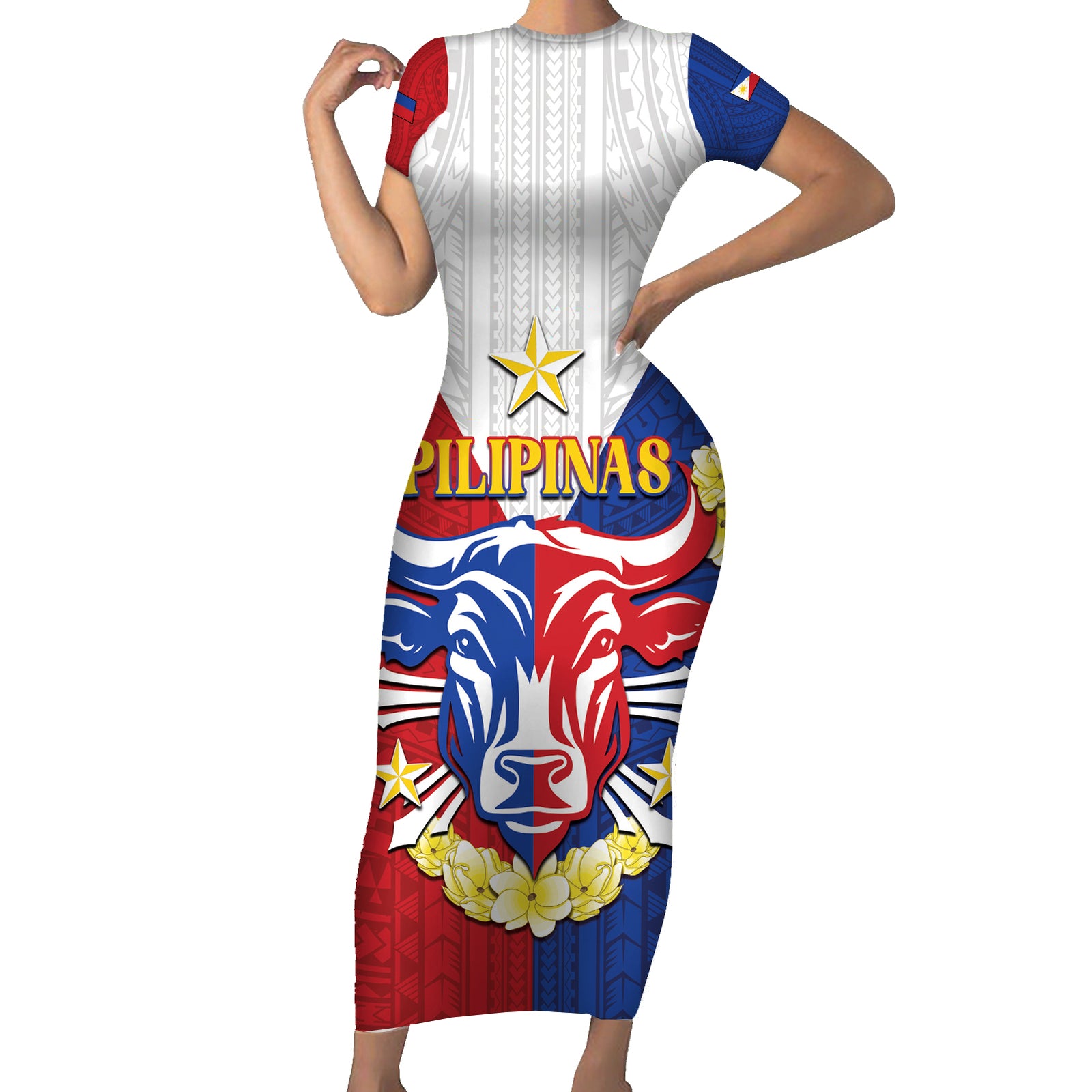 Personalised Philippines Independence Day Short Sleeve Bodycon Dress Maligayang Araw ng Kalayaan Filipino Carabao