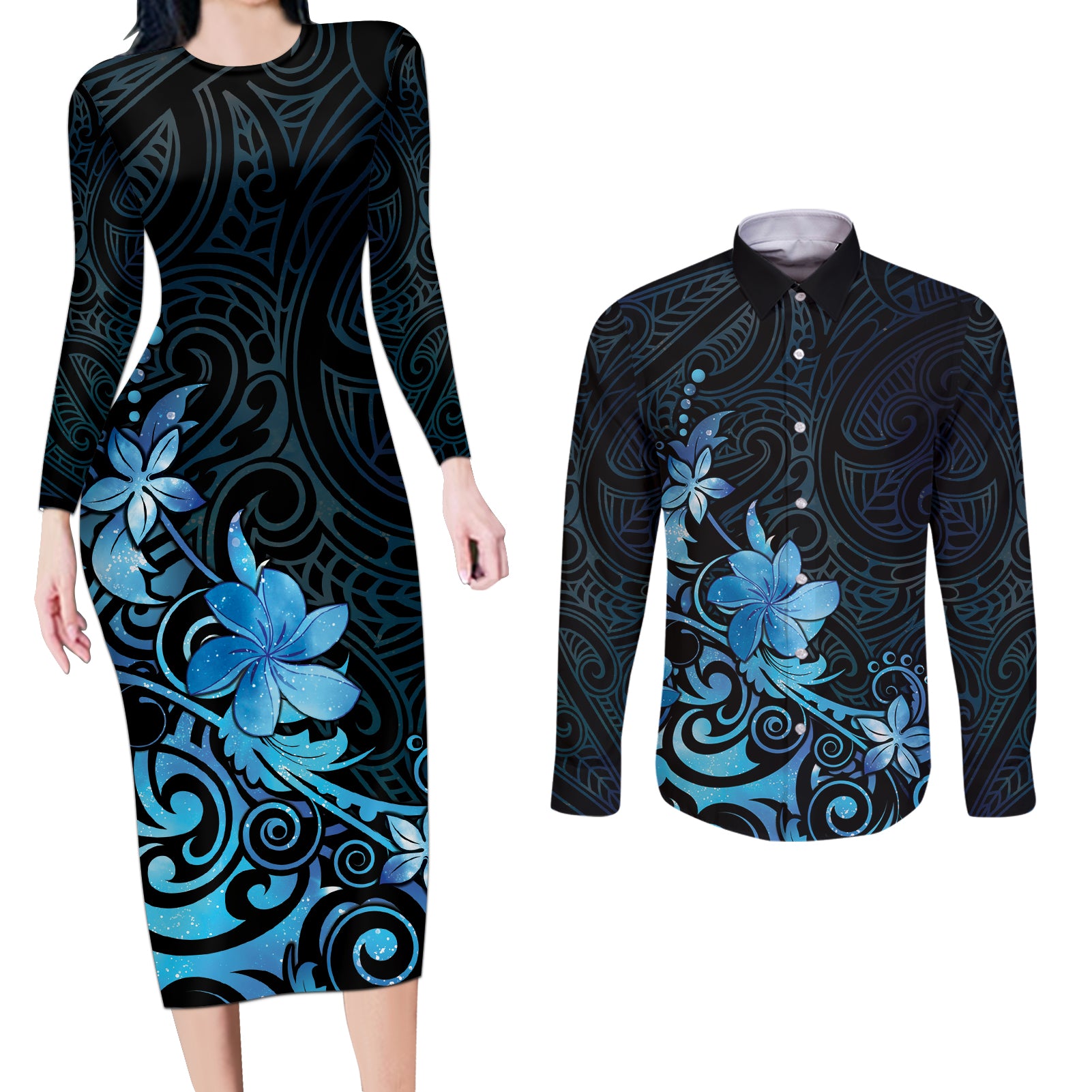 Matariki New Zealand Couples Matching Long Sleeve Bodycon Dress and Long Sleeve Button Shirt Maori Pattern Blue Galaxy