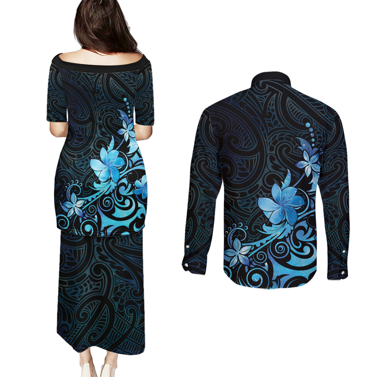 Matariki New Zealand Couples Matching Puletasi and Long Sleeve Button Shirt Maori Pattern Blue Galaxy