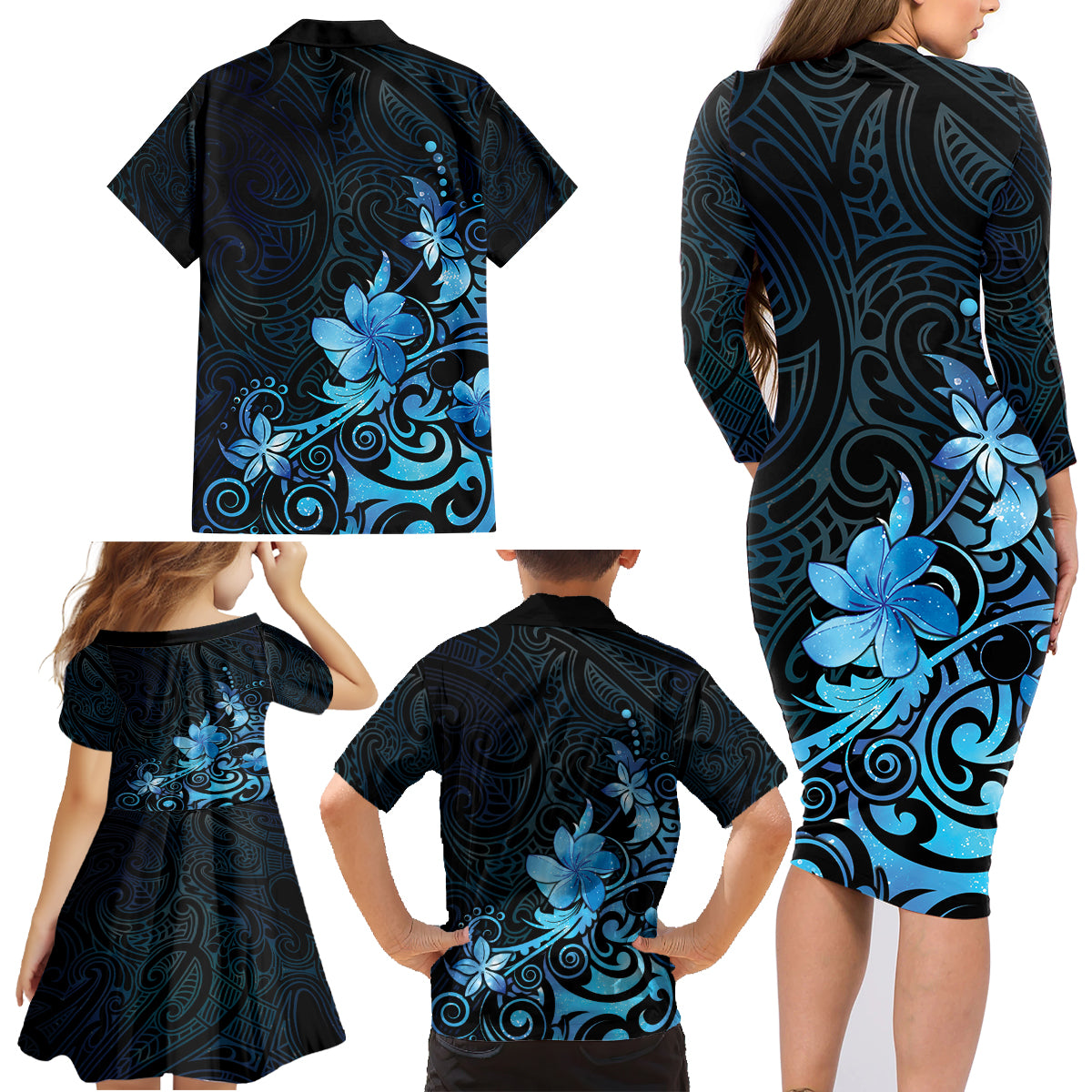 Matariki New Zealand Family Matching Long Sleeve Bodycon Dress and Hawaiian Shirt Maori Pattern Blue Galaxy