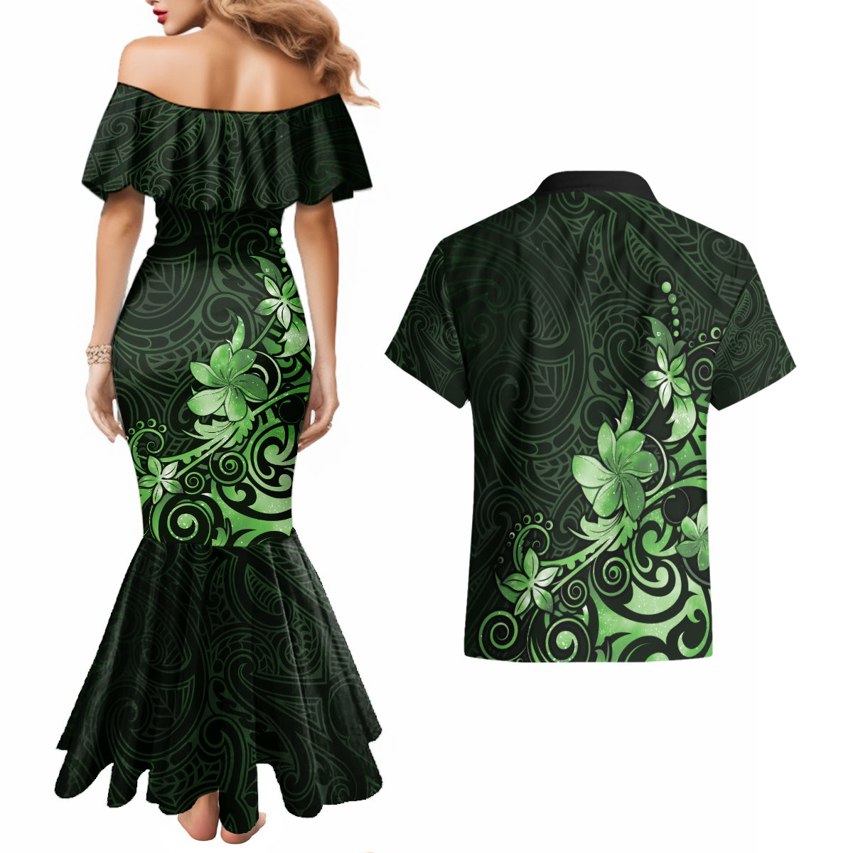 Matariki New Zealand Couples Matching Mermaid Dress and Hawaiian Shirt Maori Pattern Green Galaxy