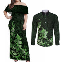Matariki New Zealand Couples Matching Off Shoulder Maxi Dress and Long Sleeve Button Shirt Maori Pattern Green Galaxy