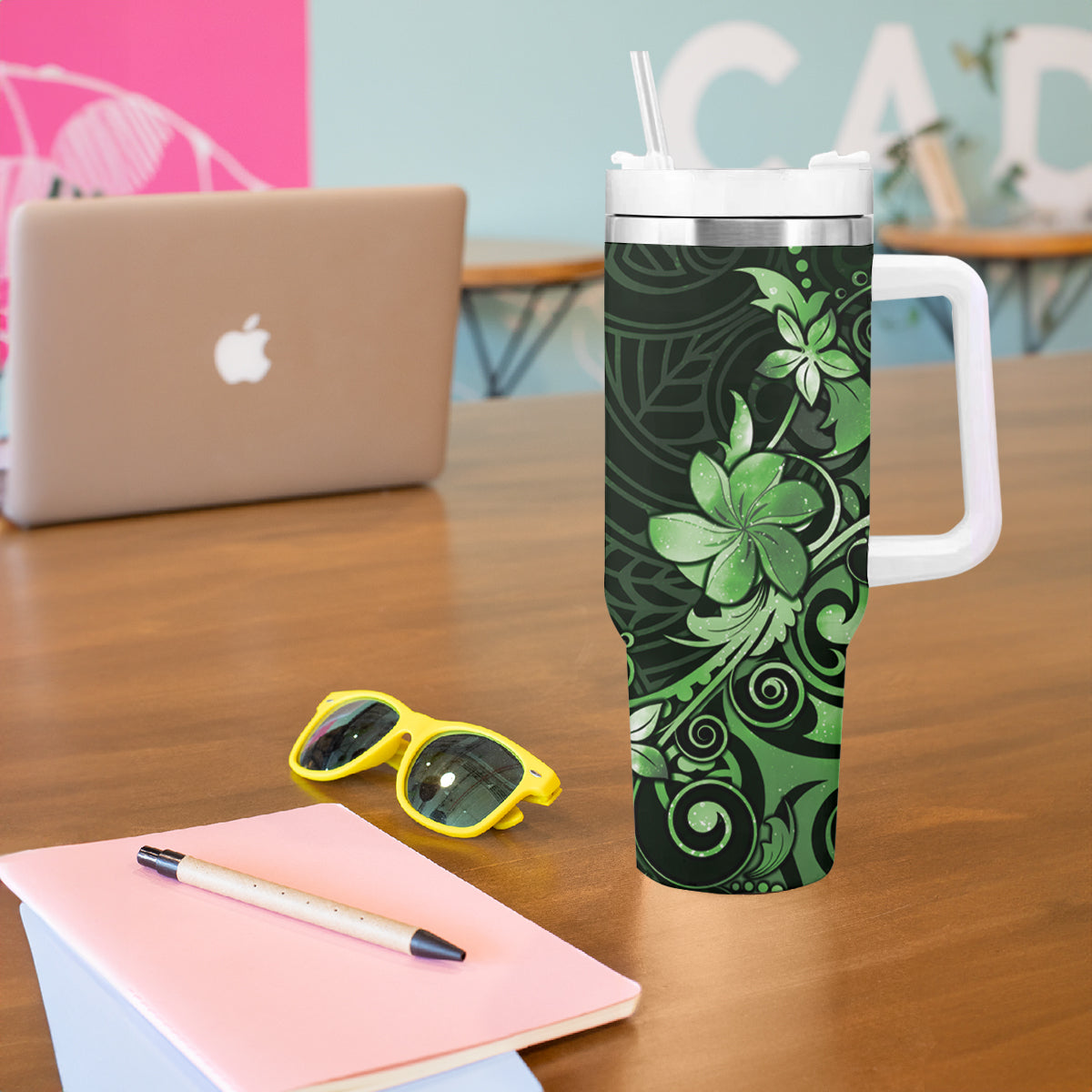 Matariki New Zealand Tumbler With Handle Maori Pattern Green Galaxy