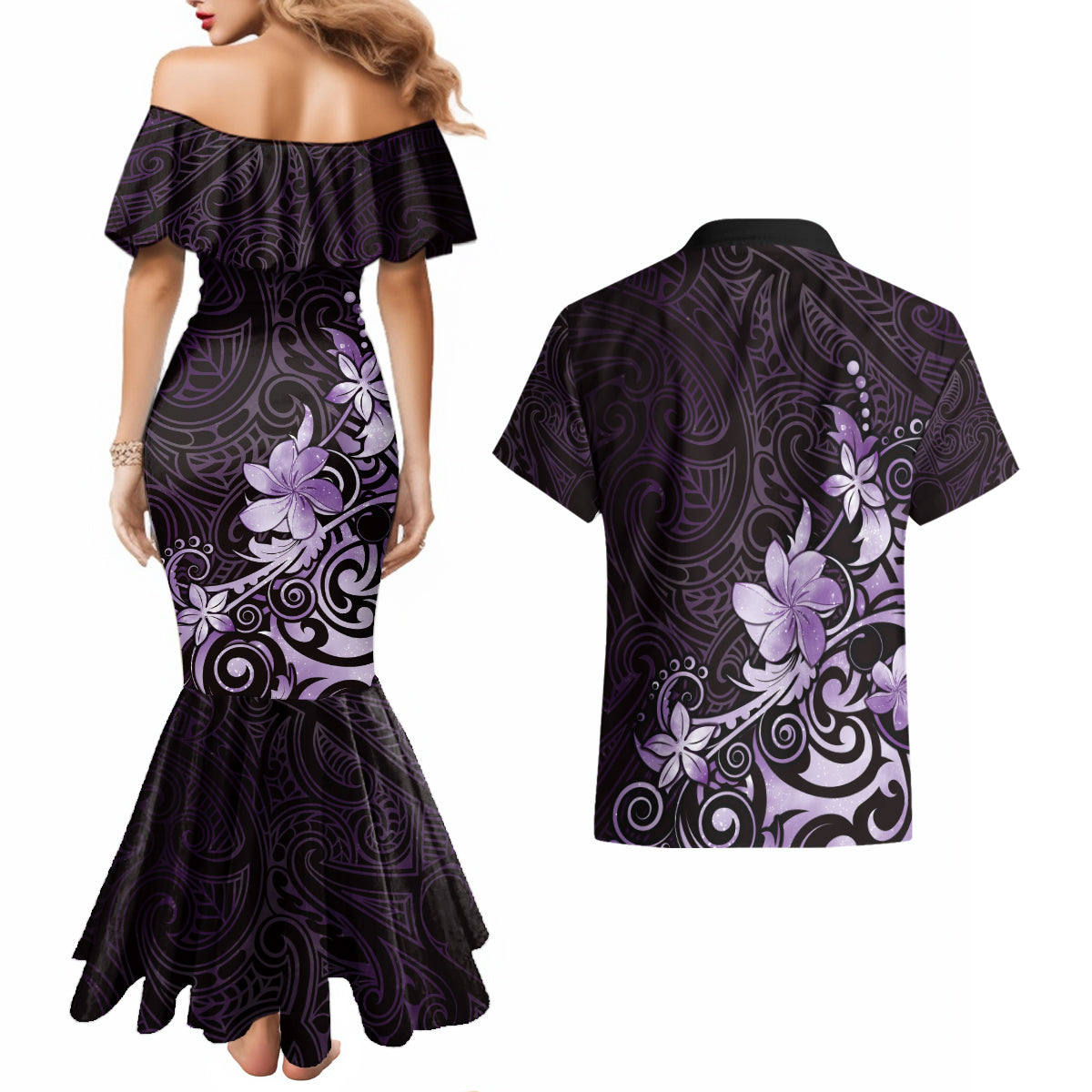 Matariki New Zealand Couples Matching Mermaid Dress and Hawaiian Shirt Maori Pattern Purple Galaxy