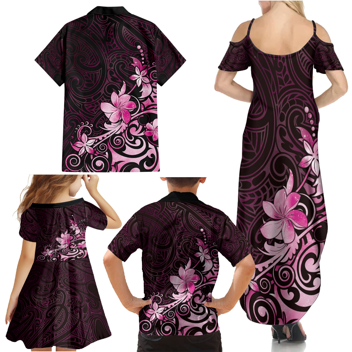 Matariki New Zealand Family Matching Summer Maxi Dress and Hawaiian Shirt Maori Pattern Pink Galaxy
