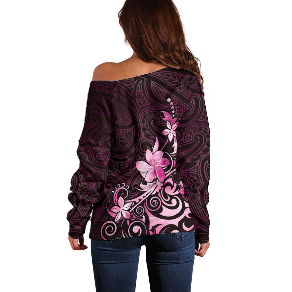 Matariki New Zealand Off Shoulder Sweater Maori Pattern Pink Galaxy