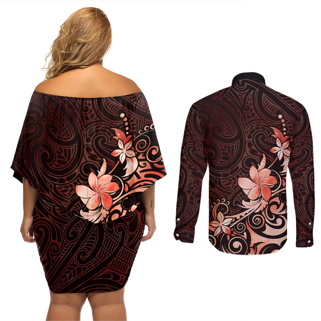 Matariki New Zealand Couples Matching Off Shoulder Short Dress and Long Sleeve Button Shirt Maori Pattern Red Galaxy