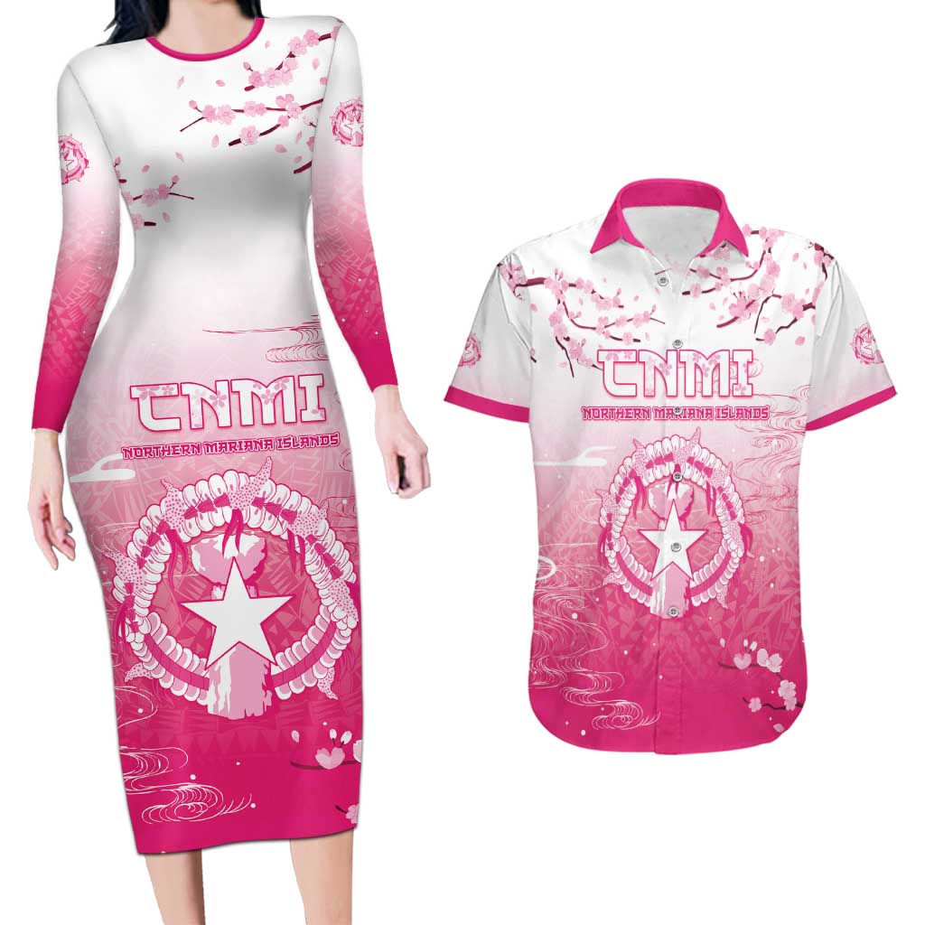 Personalized Sakura Marianas Couples Matching Long Sleeve Bodycon Dress and Hawaiian Shirt CNMI Seal
