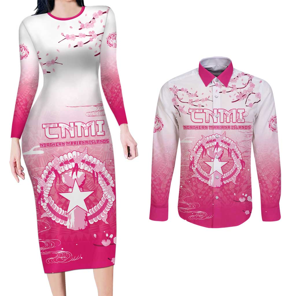 Personalized Sakura Marianas Couples Matching Long Sleeve Bodycon Dress and Long Sleeve Button Shirt CNMI Seal