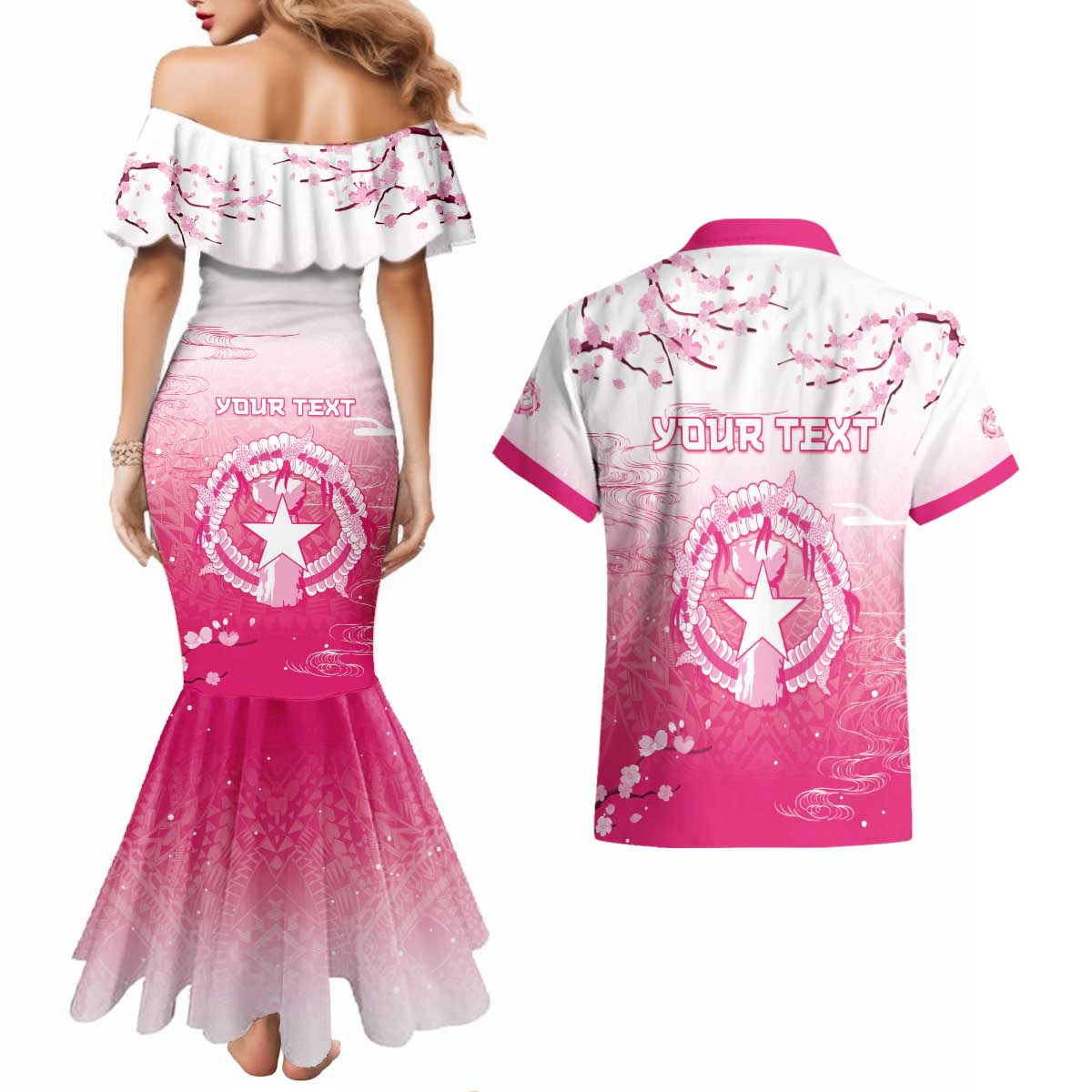Personalized Sakura Marianas Couples Matching Mermaid Dress and Hawaiian Shirt CNMI Seal