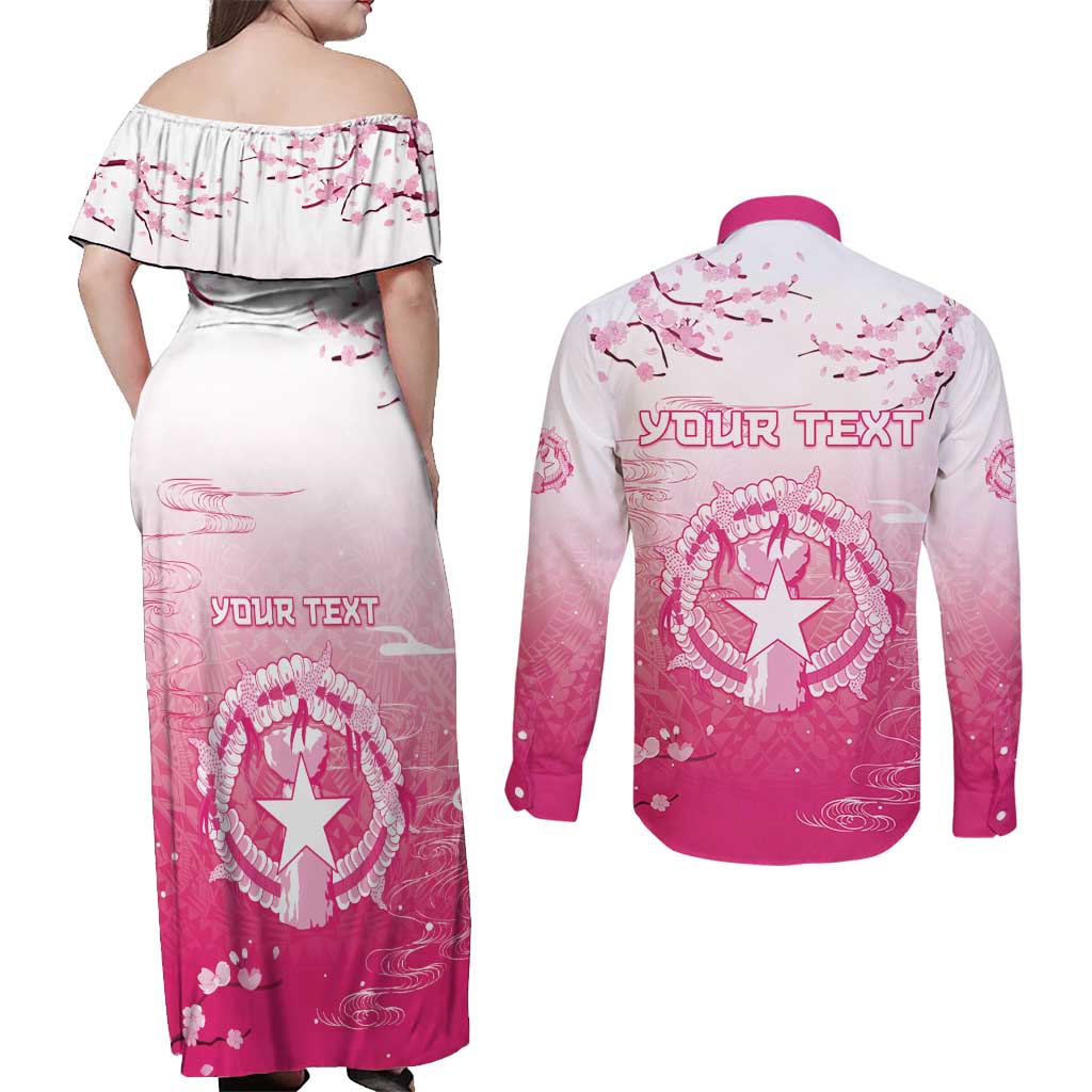 Personalized Sakura Marianas Couples Matching Off Shoulder Maxi Dress and Long Sleeve Button Shirt CNMI Seal
