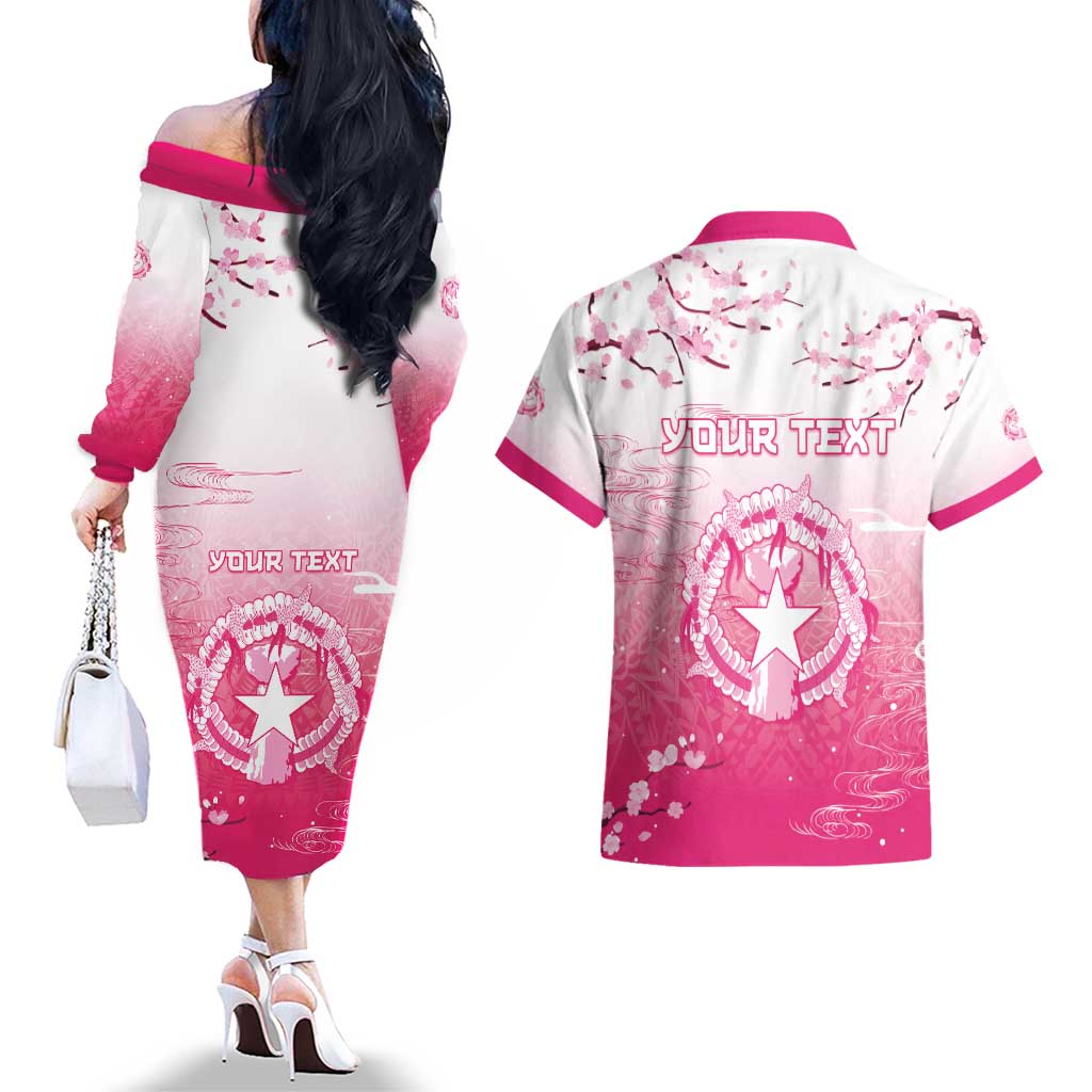 Personalized Sakura Marianas Couples Matching Off The Shoulder Long Sleeve Dress and Hawaiian Shirt CNMI Seal