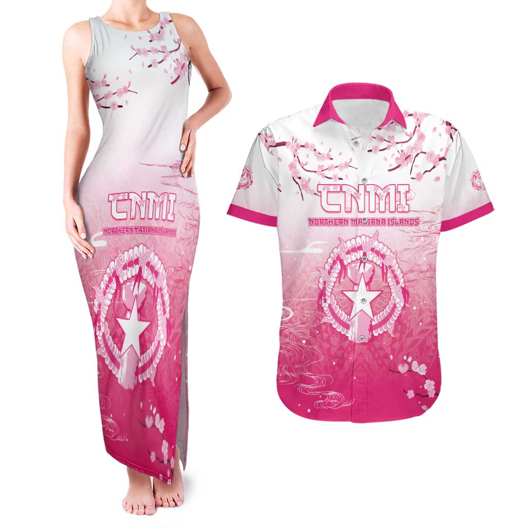 Personalized Sakura Marianas Couples Matching Tank Maxi Dress and Hawaiian Shirt CNMI Seal