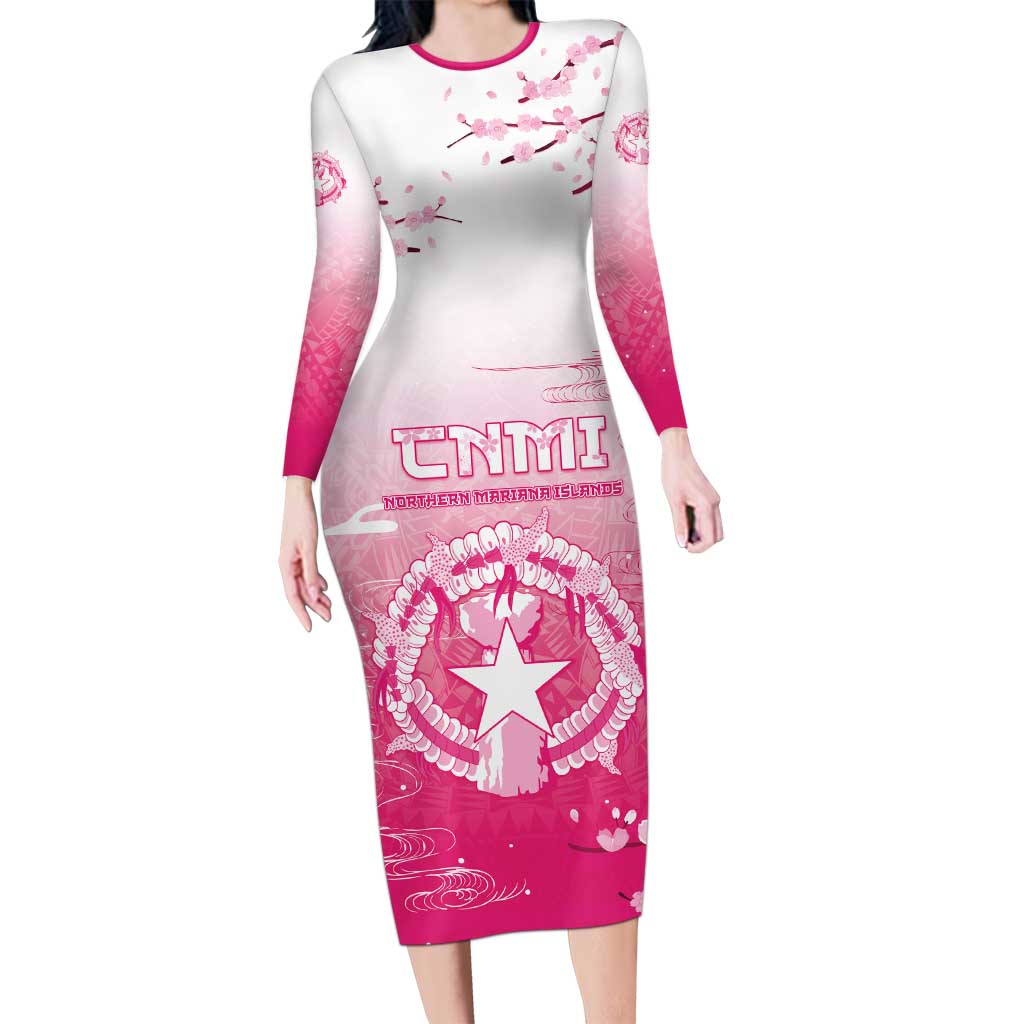 Personalized Sakura Marianas Family Matching Long Sleeve Bodycon Dress and Hawaiian Shirt CNMI Seal
