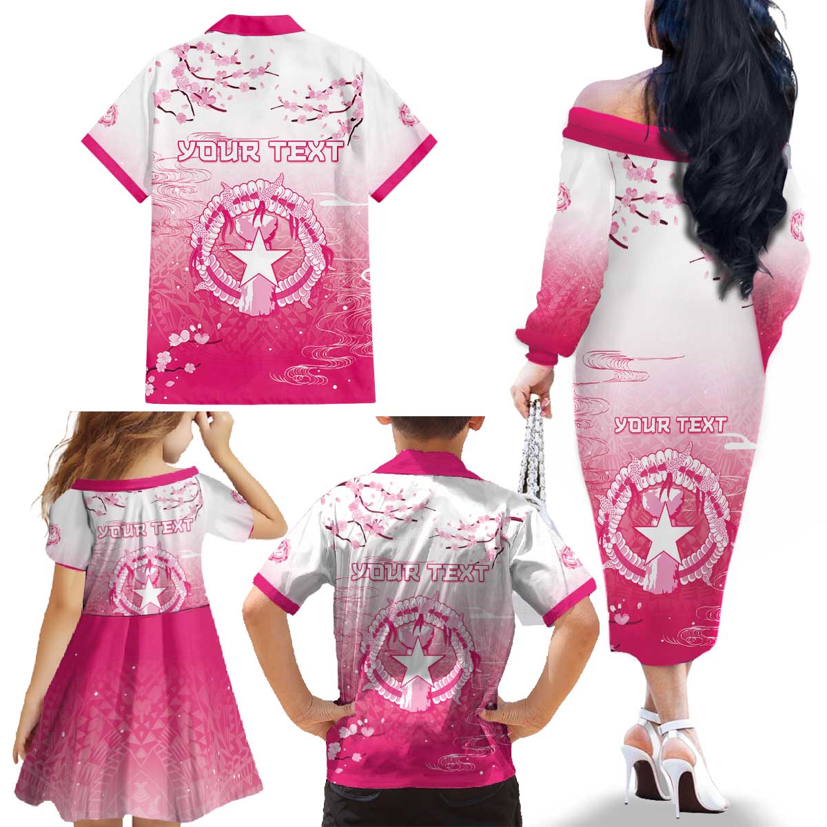 Personalized Sakura Marianas Family Matching Off The Shoulder Long Sleeve Dress and Hawaiian Shirt CNMI Seal