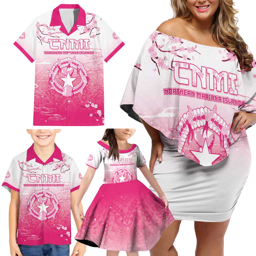 Personalized Sakura Marianas Family Matching Off Shoulder Short Dress and Hawaiian Shirt CNMI Seal