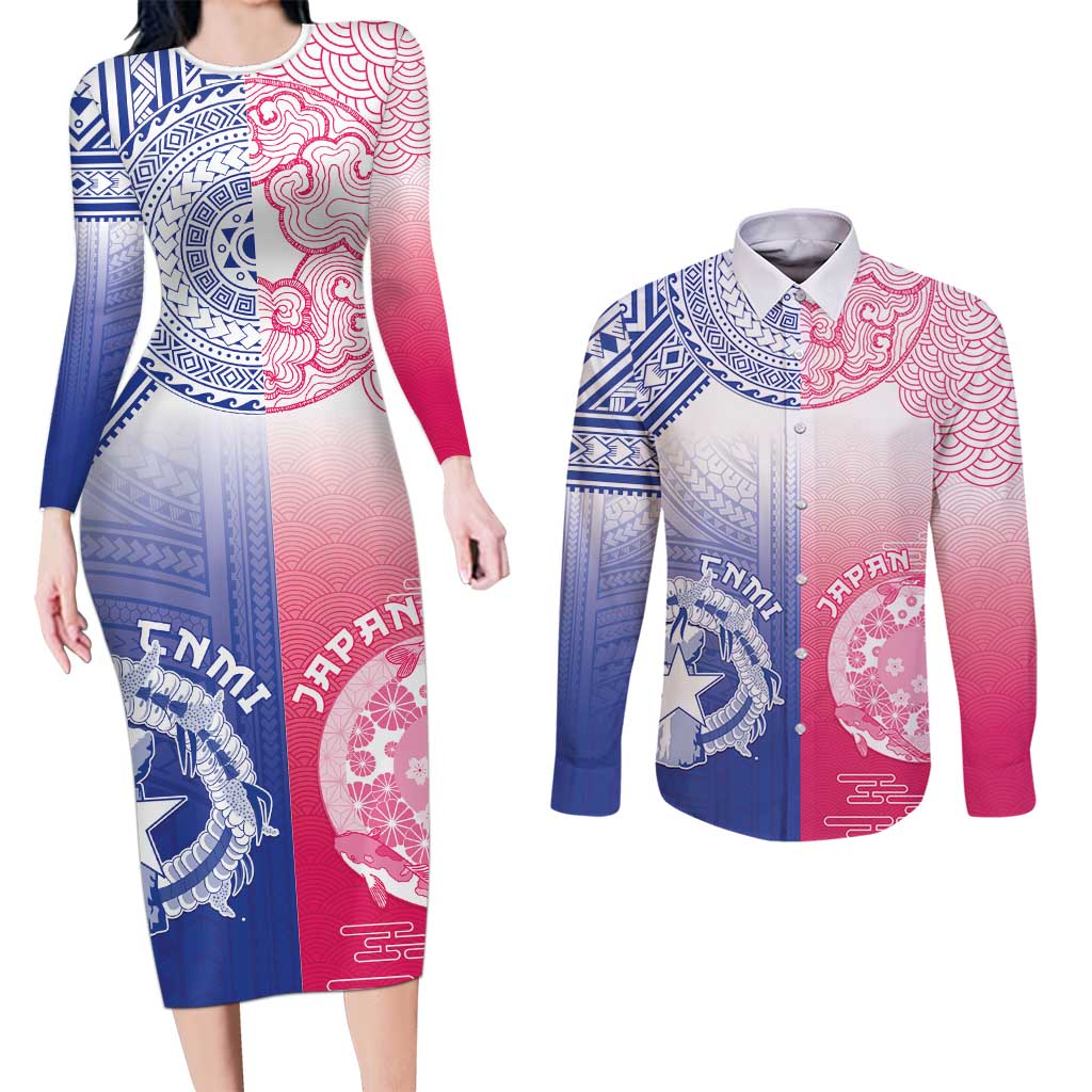 Custom Northern Mariana Islands And Japan Together Couples Matching Long Sleeve Bodycon Dress and Long Sleeve Button Shirt