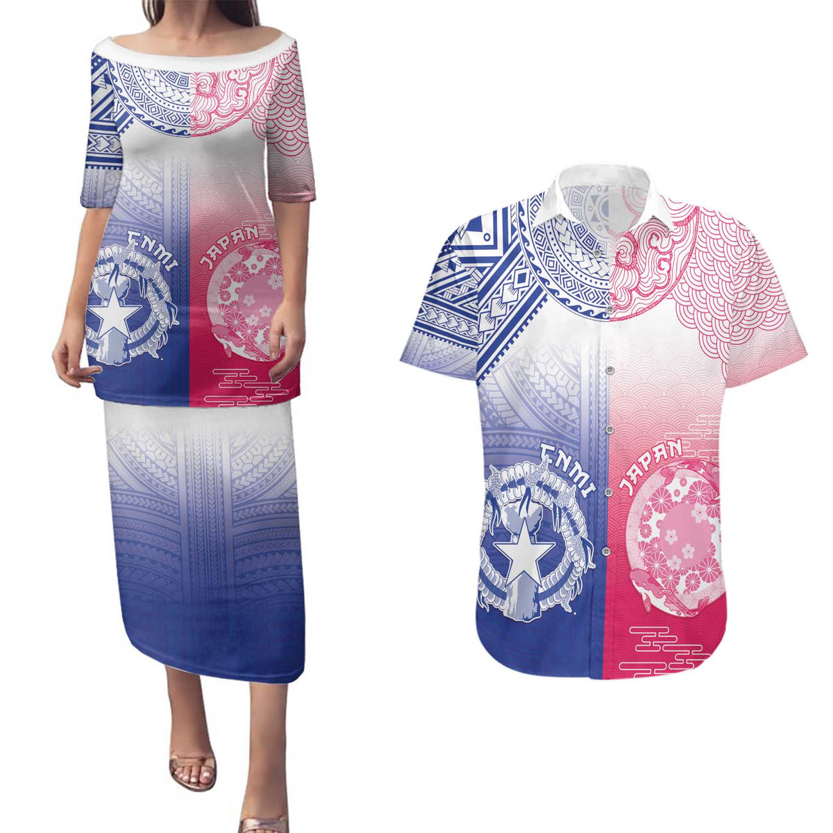 Custom Northern Mariana Islands And Japan Together Couples Matching Puletasi and Hawaiian Shirt